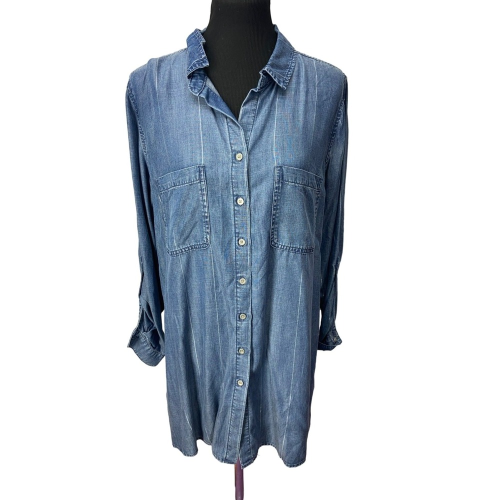 Side stitch Large Denim Gray Thin Stripe Long Sleeve Dress Women's Size Large